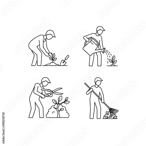 Line art illustrations depicting various gardening activities, including planting, watering, pruning, and raking, showcasing essential garden maintenance tasks.