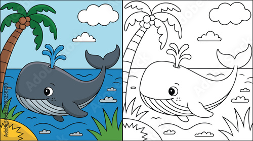 A friendly cartoon whale spouting water near a tropical island with a palm tree and clouds