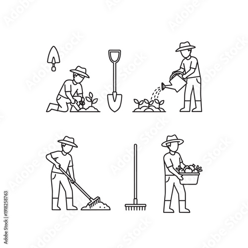 Gardening line icon collection. Includes planting, watering, raking, and harvesting symbols. Created in minimalist line style with black and white palette.