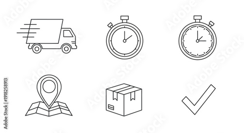Delivery service icons with truck stopwatch map package and check mark.