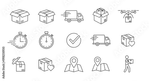 Delivery service icons set with boxes trucks and drone.