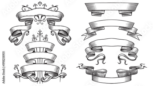Set of scroll ribbon banners in Barocco style. Hand drawn engraving for your text in vintage traditional technique. For wedding, events, birthday and greetings.