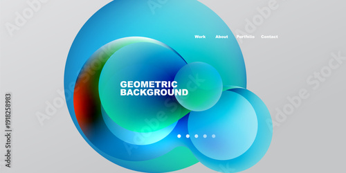 Abstract design features vibrant blue, teal shapes. Text reads Geometric Background with navigation options above dots below.