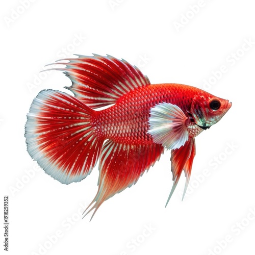 A vibrant red betta fish with flowing fins swims gracefully in a clear aquarium.