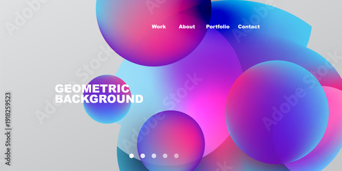 Abstract colorful shapes overlap. Text includes geometric background, navigation options work, about, portfolio, contact. Dots indicate sections.