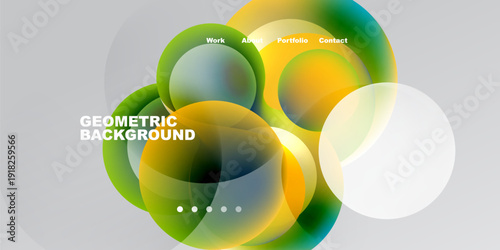 Abstract geometric shapes overlap. Vibrant colors blend, creating modern design. Text labels indicate portfolio sections. Minimalist aesthetic.