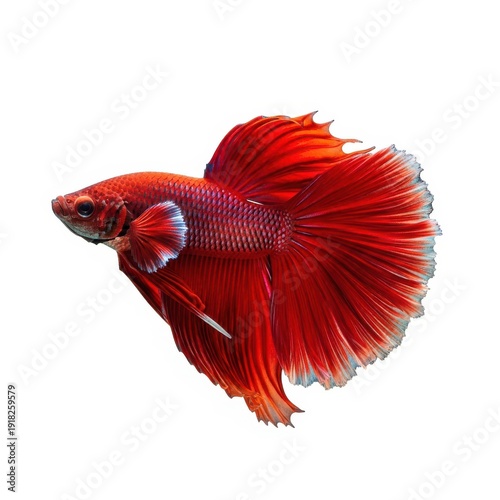 Vibrant red betta fish with flowing fins swimming in clear water