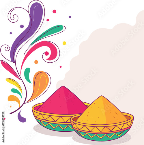 Flat vector poster Happy Holi 2026 with colorful powder clouds and playful font