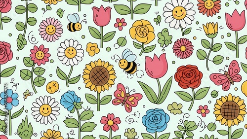 Cute Cartoon Floral Pattern with Smiling Flowers, Bees and Butterflies