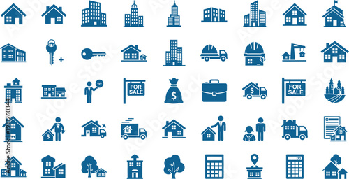 Collection of various blue city and real estate icons isolated on transparent background