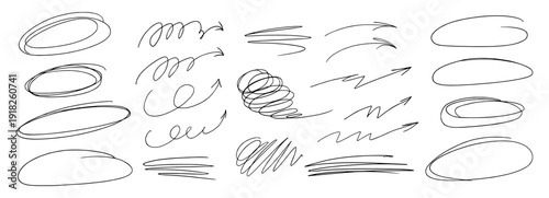 Pen scratch arrow and scribble doodle swirl with squiggle random squiggly. Effect line messy and pencil sketch circle with isolated stroke element. Abstract vintage pen drawing and mark scribble