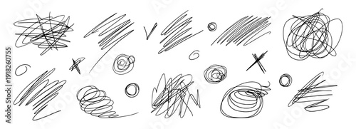 Scribble doodle pen scratch swirl with squiggle and random squiggly effect. Line messy sketch with pencil circle, cross and stroke isolated element. Vintage thin pen with mark texture scribble