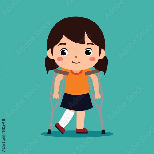 A young girl using crutches with a happy expression