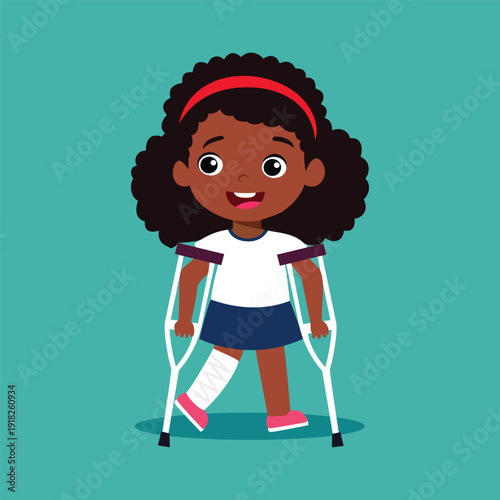 A young girl with a broken leg using crutches happily