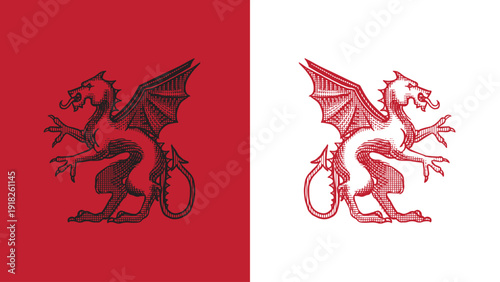 Heraldic dragon with wings for coat of arms design and shield. Hand drawn engraving in old traditional medieval style, modern made element for family symbols and logo templates