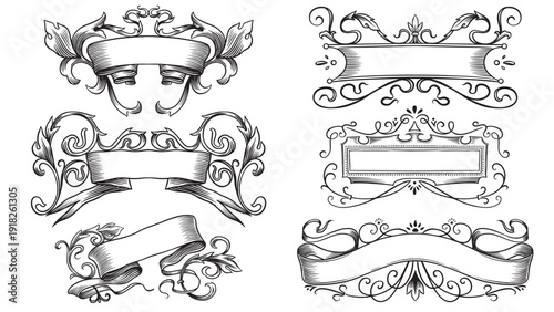 Set of scroll ribbon banners in Barocco style. Hand drawn engraving for your text in vintage traditional technique. For wedding, events, birthday and greetings.