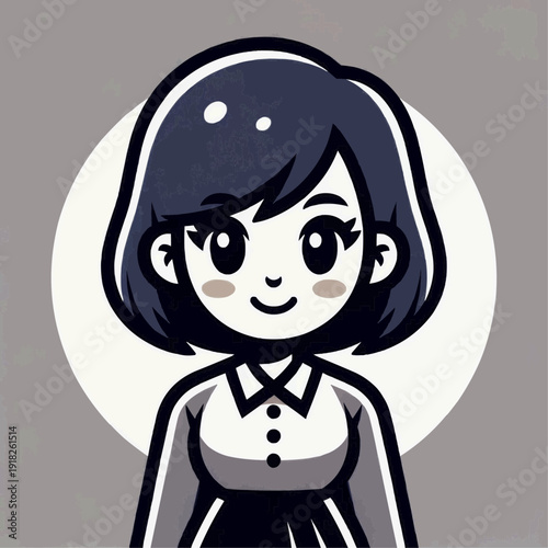 Cartoon illustration of a smiling young woman with short black hair.