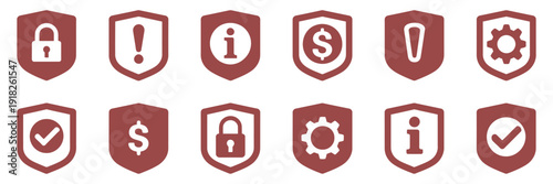 Security shield vector icon collection, featuring shields with check marks and protection symbols, ideal for privacy, cybersecurity, safe access, technology