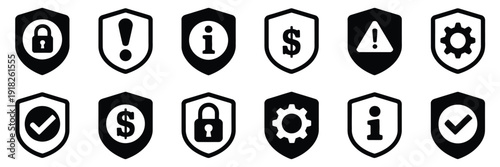 Shield icon set, security shield icons including check mark and protection symbols, vector illustrations perfect for cybersecurity, data protection, privacy, safe access, technology interfaces