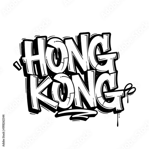 Hong Kong graffiti style lettering in black and white, urban art.