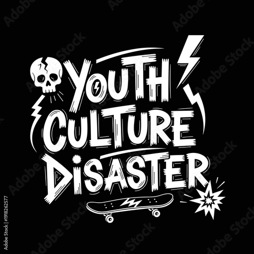 Youth Culture Disaster Skateboard Skull Lightning Bolt Graphic Design.
