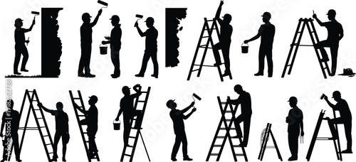 Painter and construction worker silhouettes with ladder and roller isolated on white background renovation concept illustration