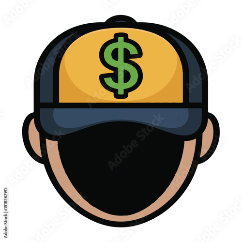 Head of person in baseball cap with green dollar sign, fashion, money, finance, earnings, rich, expensive, luxury, headwear, icon