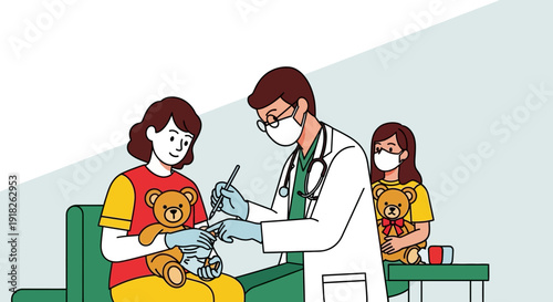Pediatrician giving vaccine to child at clinic with teddy bears and parents