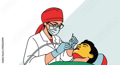 Dentist in action: colorful pop art style dental care scene
