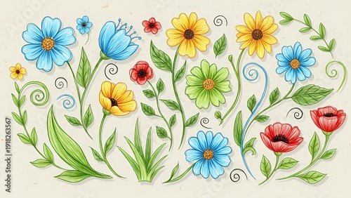 Colorful Hand Drawn Wildflower Collection with Decorative Leaves and Swirls