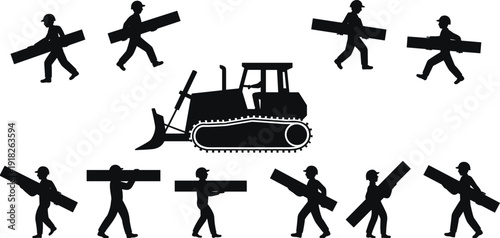 Construction workers carrying beams with bulldozer silhouette isolated on white background industrial building concept illustration