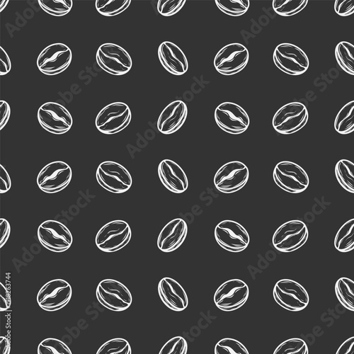 Seamless vector pattern with white coffee bean in chalk style on blackboard background. Design for cafe menu, branding, packaging and print.