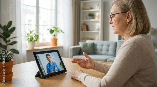 Senior woman consulting doctor via tablet during telemedicine appointment at home