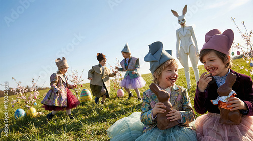 Kids Easter Celebration - Children with Bunny Ears Playing Egg Hunt Game on Green Lawn