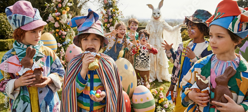 Kids Easter Celebration - Children with Bunny Ears Playing Egg Hunt Game on Green Lawn