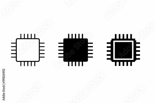 Set of three black and white computer chip icons on white background