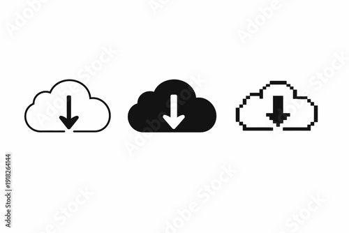 Three cloud download icons in outline, solid, and pixel styles