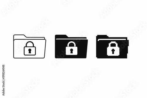 Set of three locked folder icons in black and white