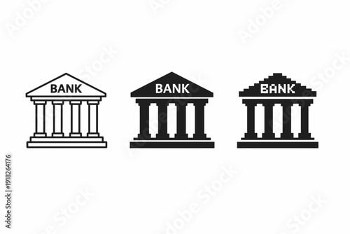 Three bank icons: classic, modern, pixelated designs with columns and roofs