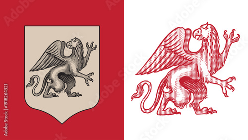 Heraldic griffin creature with wings and bird face for coat of arms design and shield. Hand drawn engraving in old traditional medieval style, modern made element for family symbols and logo templates