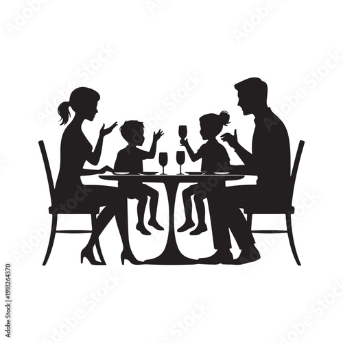 Family Meal Silhouette - Parents and Kids Enjoying Dinner at Table