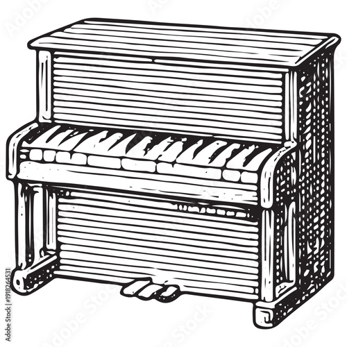 Upright piano sketch, keyboard instrument illustration, classical music vector