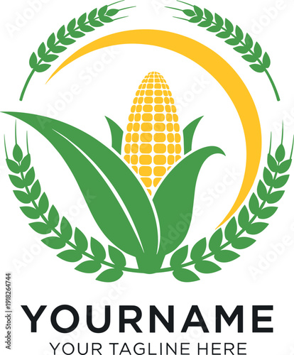 Agriculture Logo with Sweet Corn Ear and Wheat Stalks for Farming and Organic Food Brand