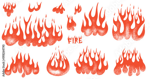 Set of silhouette flame and fire in vintage style. Hand drawn engraved monochrome bonfire sketch. Vector illustration for posters, banners and logo