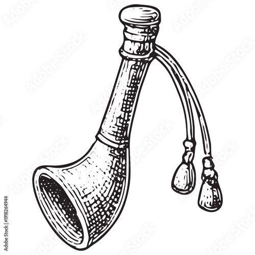 Traditional horn instrument sketch, wind musical tool illustration, vintage vector