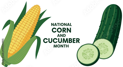 National Corn and Cucumber Month Illustration with Fresh Corn Ear and Sliced Cucumber