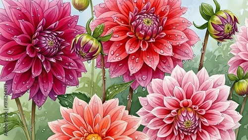 Beautiful Pink and Red Dahlia Flowers with Water Drops Botanical Illustration