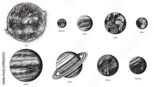 Planets of the Solar system in hand drawn stippling dot work style for science and astronomical usage. education material. Mercury, Venus Earth, Mars, Jupiter and Saturn as well as Neptune and Uranus
