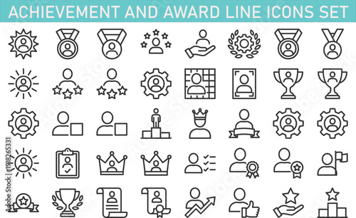Achievement and award line icons set, user rating, success badges, trophies, medals, leadership symbols, business performance recognition outline collection