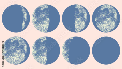 Moon phases. Hand drawn illustration in dot work style for stages of moon during the one month. Astronomy and astrology 